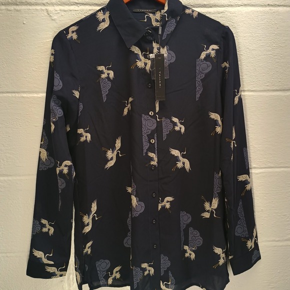 T Tahari Women's SMALL Navy Blue Shirt Collared Long Sleeve Button Up Bird Print - Picture 2 of 9